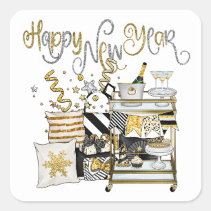 Happy New Year Gold Black Champagne Geschenke Conf Quadratischer Aufkleber