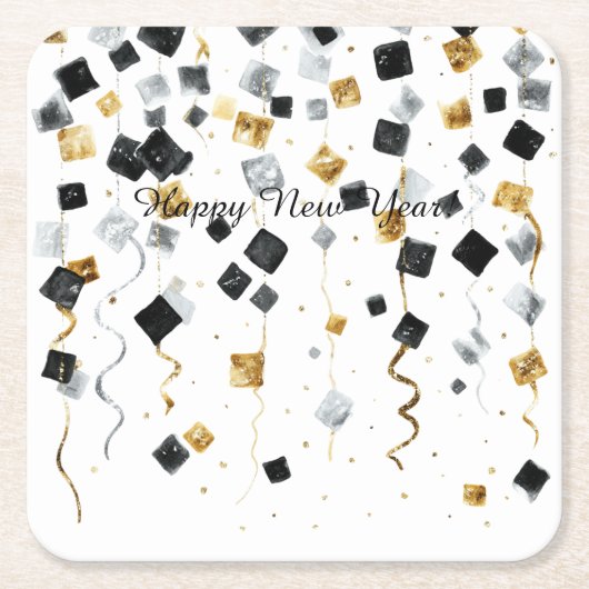 Happy New Year Gold Black Confetti Rechteckiger Pappuntersetzer (Vorderseite)