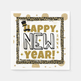 Happy New Year Gold Black Leopard Print Serviette