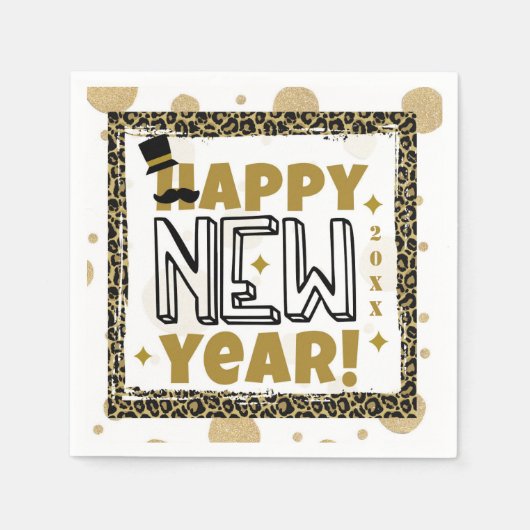 Happy New Year Gold Black Leopard Print Serviette (Vorderseite)