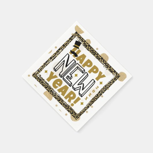Happy New Year Gold Black Leopard Print Serviette (Ecke)