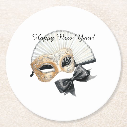 Happy New Year Gold Black Mask Runder Pappuntersetzer (Vorderseite)