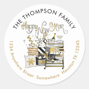 Happy New Year Gold Black Return Name Adresse Runder Aufkleber