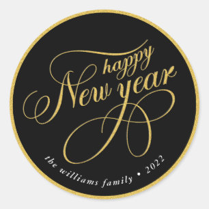 Happy New Year Gold & Black Typografy Runder Aufkleber