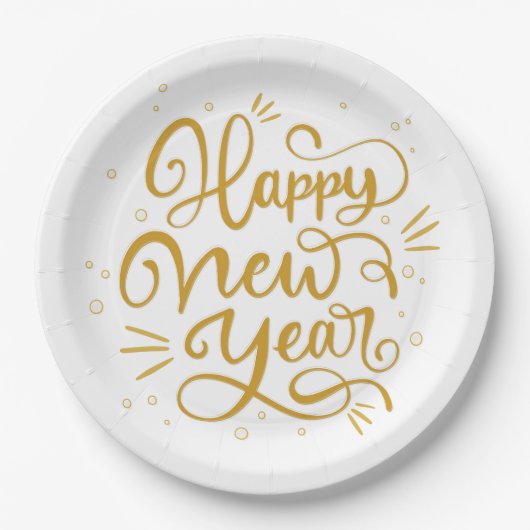 Happy New Year Gold Calligraphy Script Pappteller (Vorderseite)