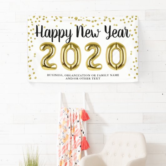 HAPPY NEW YEAR Gold Confetti Pinselschrift Weiß Banner (Insitu)