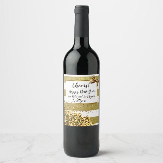 Happy New Year Gold Confetti und Bow Weinetikett (Vorderseite)
