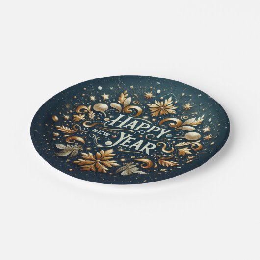 Happy New Year Gold Flourish Festive Pappteller (Schrägansicht)