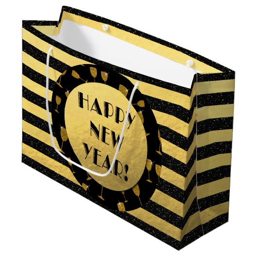 Happy New Year Gold Foil, Black Glitzer Gift Bag Große Geschenktüte (Vorderseite Schrägansicht)
