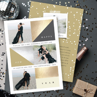 Happy New Year Gold Foil Blocks Stilvolles 3-Foto Feiertagskarte