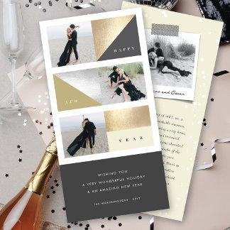 Happy New Year Gold Foil Blocks Stilvolles 3-Foto Feiertagskarte