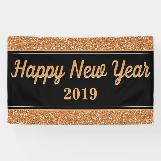 Happy New Year Gold Glitzer Black Banner (Horizontal)