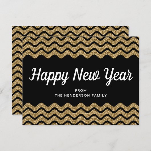 Happy New Year Gold Glitzer Black Zickzack Stripes Postkarte (Vorne/Hinten)