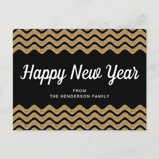 Happy New Year Gold Glitzer Black Zickzack Stripes Postkarte (Vorderseite)