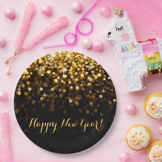 Happy New Year Gold Glitzer Glitzern Silvester Pappteller (Party)