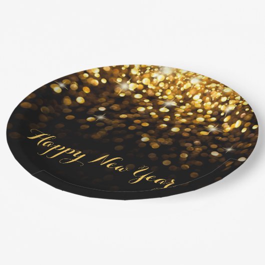 Happy New Year Gold Glitzer Glitzern Silvester Pappteller (Schrägansicht)