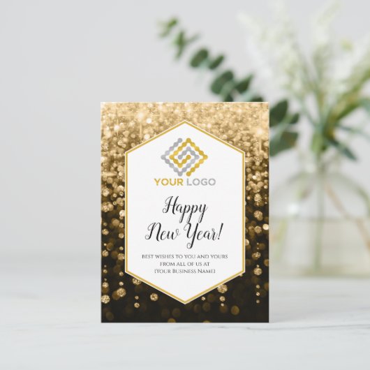 Happy New Year Gold Glitzern Logo Business Postkarte (Stehend Vorderseite)