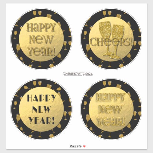 Happy New Year Gold Imitate Foil and Black Aufkleber (Blatt)