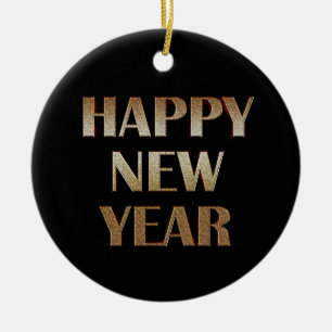 Happy New Year Gold Metallic Text Image Keramik Ornament