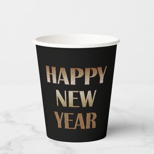 Happy New Year Gold Metallic Text Image Pappbecher (Vorderseite)