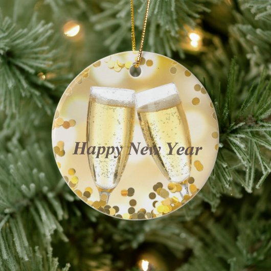 Happy New Year Gold Sparkle Champagne Keramik Ornament (Baum)