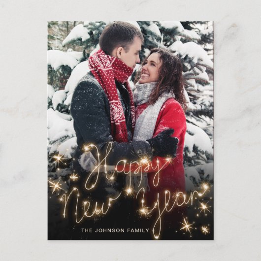 Happy New Year Gold Sparkle Script FOTO Gruß Postkarte (Vorderseite)