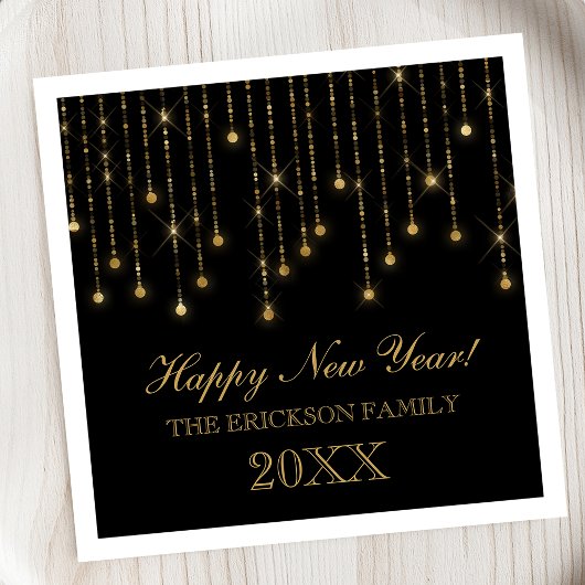 Happy New Year Gold und Black String Lights Custom Serviette