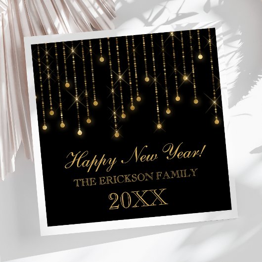 Happy New Year Gold und Black String Lights Custom Serviette