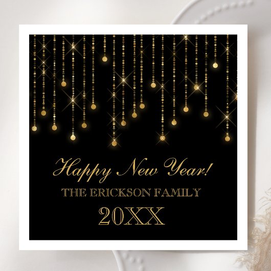 Happy New Year Gold und Black String Lights Custom Serviette