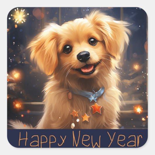 Happy New Year Golden Puppy Quadratischer Aufkleber (Vorderseite)