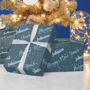 Happy New Year Golden Script Blue Celesty Gray Geschenkpapier