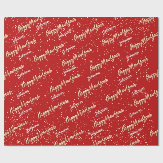 Happy New Year Golden Script Individuelle Name Red Geschenkpapier (Flach)