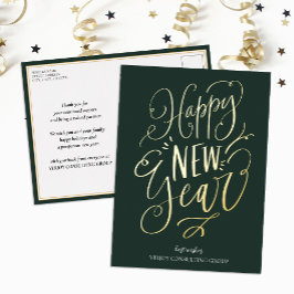 Happy New Year Green Gold Script Modern Business Folien Feiertagspostkarte