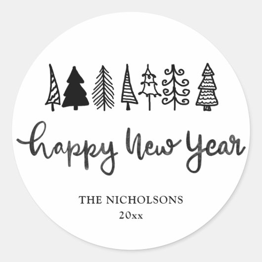 Happy New Year | Handgeschriebener moderner Urlaub Runder Aufkleber (Vorderseite)