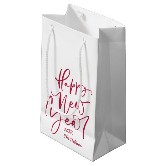 Happy New Year Handschrift in rot Kleine Geschenktüte (Vorderseite Schrägansicht)