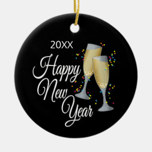 Happy New Year I Champagne Brillen und Confetti Keramikornament
