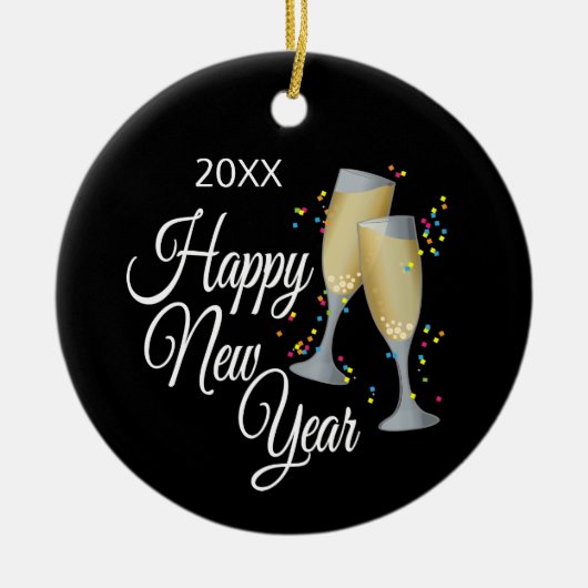 Happy New Year I Champagne Brillen und Confetti Keramikornament (Vorne)
