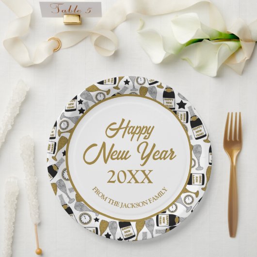 Happy New Year Imitats Glitzer Personalisiert Pappteller (Hochzeit)