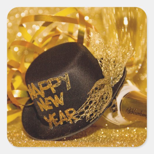 Happy New Year in Gold und Schwarz Quadratischer Aufkleber (Vorderseite)