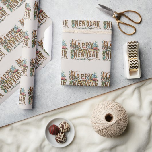 Happy New Year in Tree Trunks, Acorns and Flowers Geschenkpapier (Kunsthandwerk)