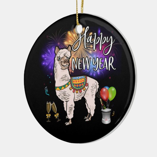 Happy New Year Llama Alpaca Feuerwerk Keramik Ornament (Links)