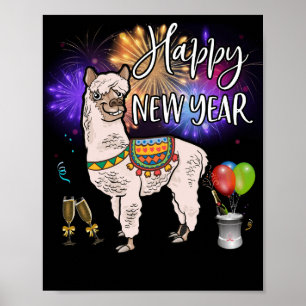 Happy New Year Llama Alpaca Feuerwerk Poster