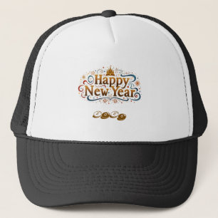 Happy New Year Logo gedruckt 2026 Weiß Schwarze Fa Truckerkappe