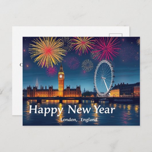 Happy New Year London Fireworks über Big Ben Postkarte (Vorne/Hinten)