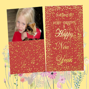 Happy New Year Merry Christmas Red Glitter Photo Folien Feiertagskarte