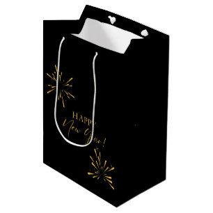 Happy New Year minimalistische Feuerwerk schwarz Mittlere Geschenktüte