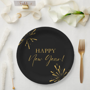 Happy New Year minimalistische Feuerwerk schwarz Pappteller