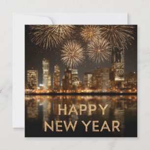 "Happy New Year" mit Feuerwerken über einer Stadt Feiertagskarte