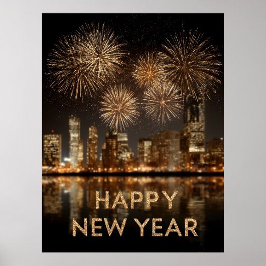 "Happy New Year" mit Feuerwerken über einer Stadt Poster (Vorne)