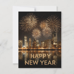 "Happy New Year" mit Feuerwerken über einer Stadt Postkarte